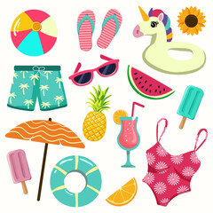 Naklejka premium Collection of summer beach icons. Umbrella, swimsuit, sunglasses, ice cream, cocktail, unicorn balon, swim trunks. Vector illustration on isolated background