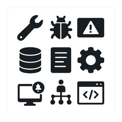 Tech Support Icons. Solid, filled icons set of technical support: wrench, bug report, error message, database