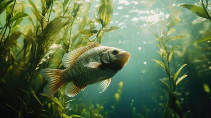 Fish swims amidst lush underwater foliage. Sunlight filters through the water