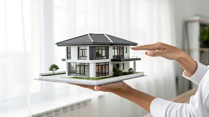 A modern house model rests gently in hands showcasing real estate investment opportunities for new homes and property development projects emphasizing luxury home designs.