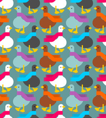 Goose in scarf pattern seamless. White goose in red scarf background. Ornament of kids fabric