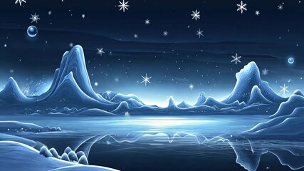 A stylized winter landscape with textured ice mountains and falling snowflakes - Powered by Adobe