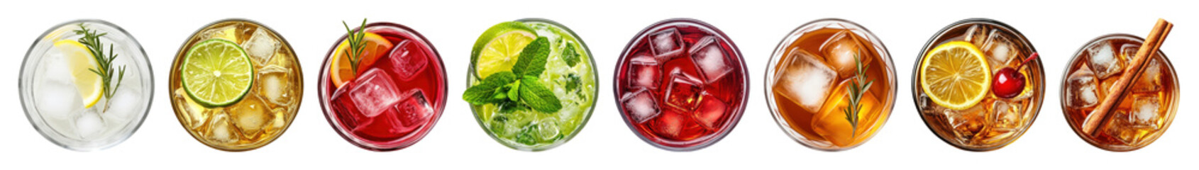 PNG Colorful refreshing assorted beverages lineup, element set on transparent background