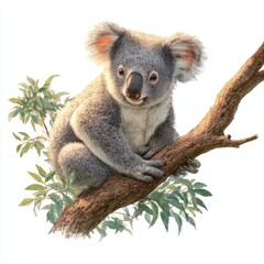 Adorable koala perched on a tree branch surrounded by vibrant green leaves in a natural Australian habitat setting