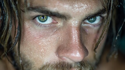 Intense close-up of a man's face with piercing blue eyes and wet, glistening skin