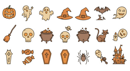 Fototapeta premium Outline Halloween Icons with Pumpkin, Ghost, Witch Hat, Spider