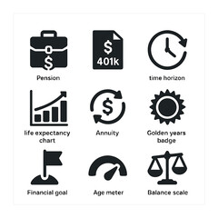 Fototapeta premium Retirement Strategy Icons. Solid, filled icons set of retirement strategy: pension icon, 401k document, time