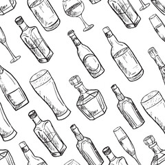 Alcohol drinks seamless pattern with bottles and glass in black brush stroke texture isolated on white. Hand drawn vector sketch illustration in vintage charcoal ink. Bar design, package, print.