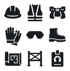 Construction Icons Grid. Solid, filled icons set of building site workers: hard hat, safety vest, toolbelt,