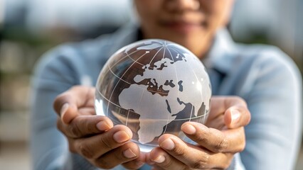 A person carefully holds a glass globe showcasing the continents earth global responsibility world environmental sustainability international cooperation global issues