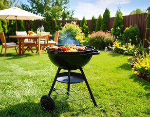 Grill z warzywami i kiełbaskami w ogrodzie