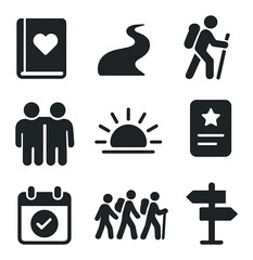 Shared Growth Icons. Solid, filled icons set of shared personal development journeys: journal, path icon,