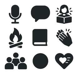 Storytelling Icons Set. Solid, filled icons set of empowerment through storytelling: microphone, speech bubble