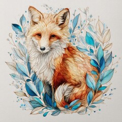 Elegant illustration of a red fox surrounded by vibrant foliage in soft pastel colors suitable for wildlife art and nature decor