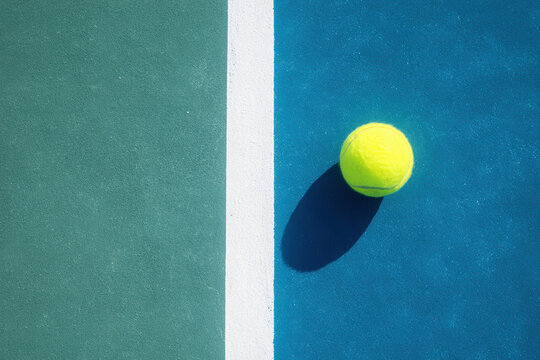 Close-up photograph of a vibrant yellow tennis ball on a blue hard court with white lines, casts a shadow to the right, light source from left - AI-Generated