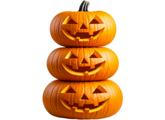  Stack of Three Halloween Pumpkins with Varying Expressions, isolated on a transparent background