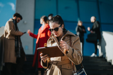 A group of business professionals engaging with technology and discussions in an outdoor setting. Emphasizing modern career dynamics, collaboration, and style. Cool tones and fashionable outfits