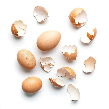 Cracked egg shells scattered on white background