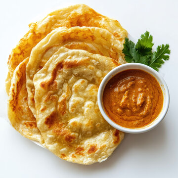 Crispy flaky roti canai served with flavorful curry
