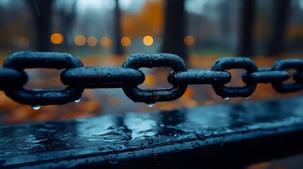 A close-up of a wet chain with water drops and blurred background