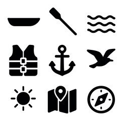 Leisurely Boating Icons. Solid, filled icons set of leisurely boat rides: boat, paddle, waves, life jacket,