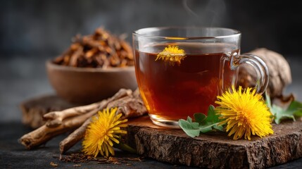 Popular coffee alternative. A steaming cup of herbal tea surrounded by dandelions and natural elements.