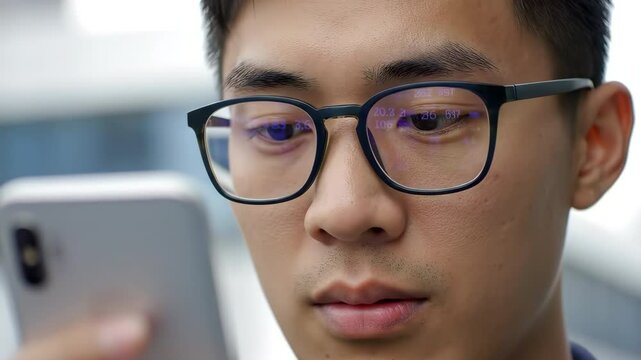 A man wearing glasses is looking at his phone. He is focused on the screen and he is engaged in whatever he is doing on the phone