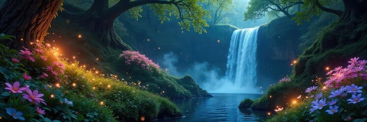 Luminous flowers bloom in a mystical garden, fireflies dance among glowing flora, and waterfalls cascade down moss-covered rocks A hidden, enchanted world awaits , luminous plants, fantasy