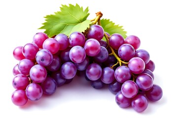 Fototapeta premium Cluster of Fresh Red Grapes with Green Leaves on White Background