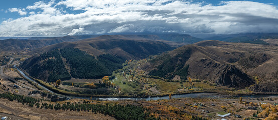 Alumine aerial view. Expansive Patagonian Valley in autumn with Winding River located in Argentina, Neuquen province