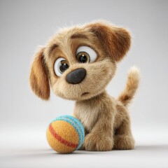 Cute and Playful Cartoon Puppy with Large Eyes and Colorful Ball on Soft Gray Background