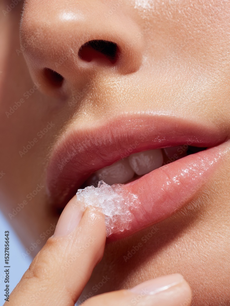 Poster moisturizing lips during cold weather with a close-up focus and minimal background for a soothing ef