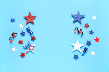 Frame made of stars in colors of USA flag on blue background. Independence Day