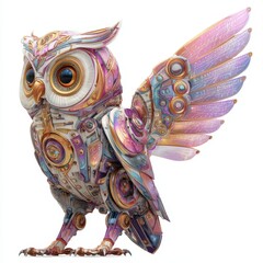 Futuristic Mechanical Owl with Colorful Feathers and Intricate Details in a Whimsical Steampunk Design
