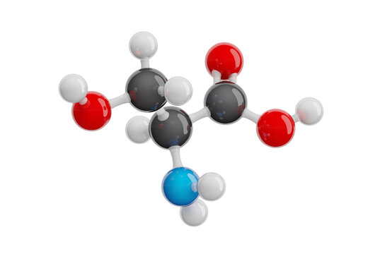 Serine (Ser) molecule isolated on transparent background. Non-essential amino acid. Molecular formula: C3H7NO3. Chemical model: Ball and stick. 3D illustration.