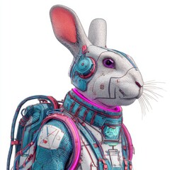 Futuristic Rabbit in Cybernetic Suit with Headphones and Neon Accents in Science Fiction Environment