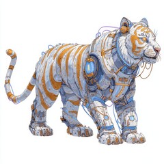 Futuristic Cybernetic Tiger with Enhanced Mechanics and Vibrant Colors Walking in a Digital Landscape