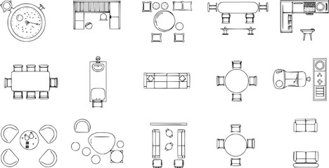 Top view of set furniture elements outline symbol for dining room, office, cafe, kitchen and living room. Interior icon chair, sink, table and sofa.
