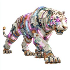 Futuristic robotic white tiger with glowing circuitry in a dynamic pose, showcasing advanced technology and bold design features