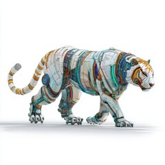 Futuristic Robotic Tiger Walking with Colorful Circuit Patterns and Technological Design Elements in a Minimalistic Background