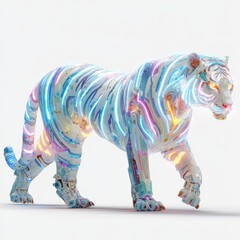 Abstract depiction of a glowing digital white tiger showcasing vibrant colors and intricate patterns against a clean backdrop