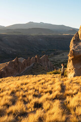 Man enjoying autumnal landscape in Los bolillos in the North of Neuquen province, Argentina