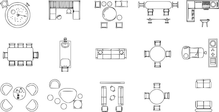 Top view of set furniture elements outline symbol for dining room, office, cafe, kitchen and living room. Interior icon chair, sink, table and sofa.

