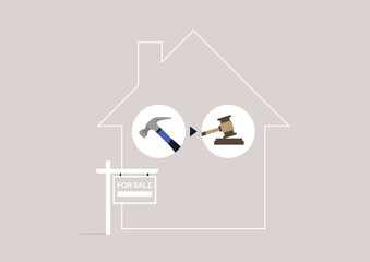 A simple line drawing depicts a house with a 'for sale' sign, The house shows a transition from renovation symbolized by a hammer, to selling and auction, illustrated with a gavel