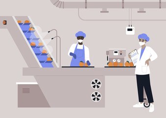 Workers diligently prepares food processing oranges in a modern facility, focusing on quality control and efficient sorting for optimal freshness and flavor enhancement