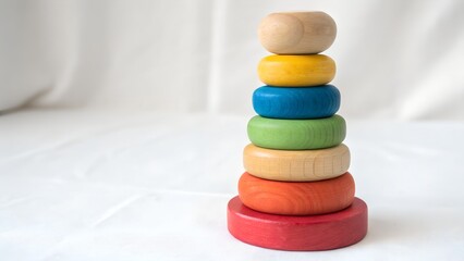 Colorful Stacking Rings Wooden Toy for Baby Development Sensory Play Educational Early Childhood Learning Rainbow Toy on White Background