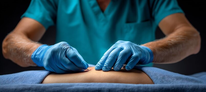 Individual performing scar mobilization massage on a laparotomy site in Post surgical rehabilitation with a stipple engraving of fascial glide enhancement