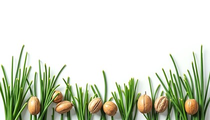 Arrangement of Garlic Chives and Pecan Nuts on White Background