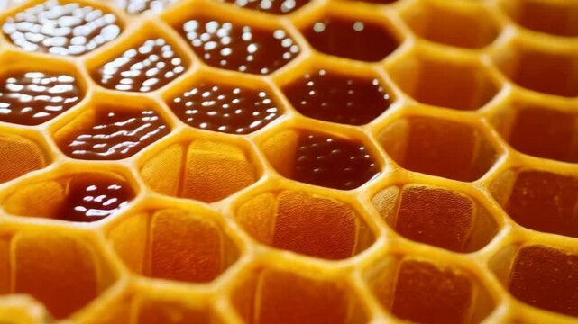 Honeycomb close-up with liquid golden honey filling some cells, showcasing the hexagonal pattern and natural structure of the beeswax comb