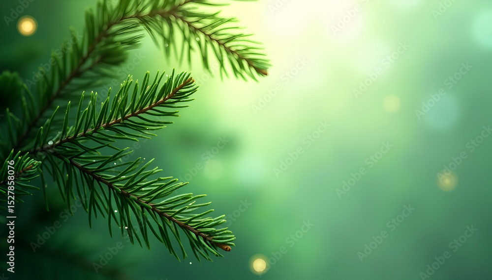 Poster evergreen branch closeup with soft light and bokeh